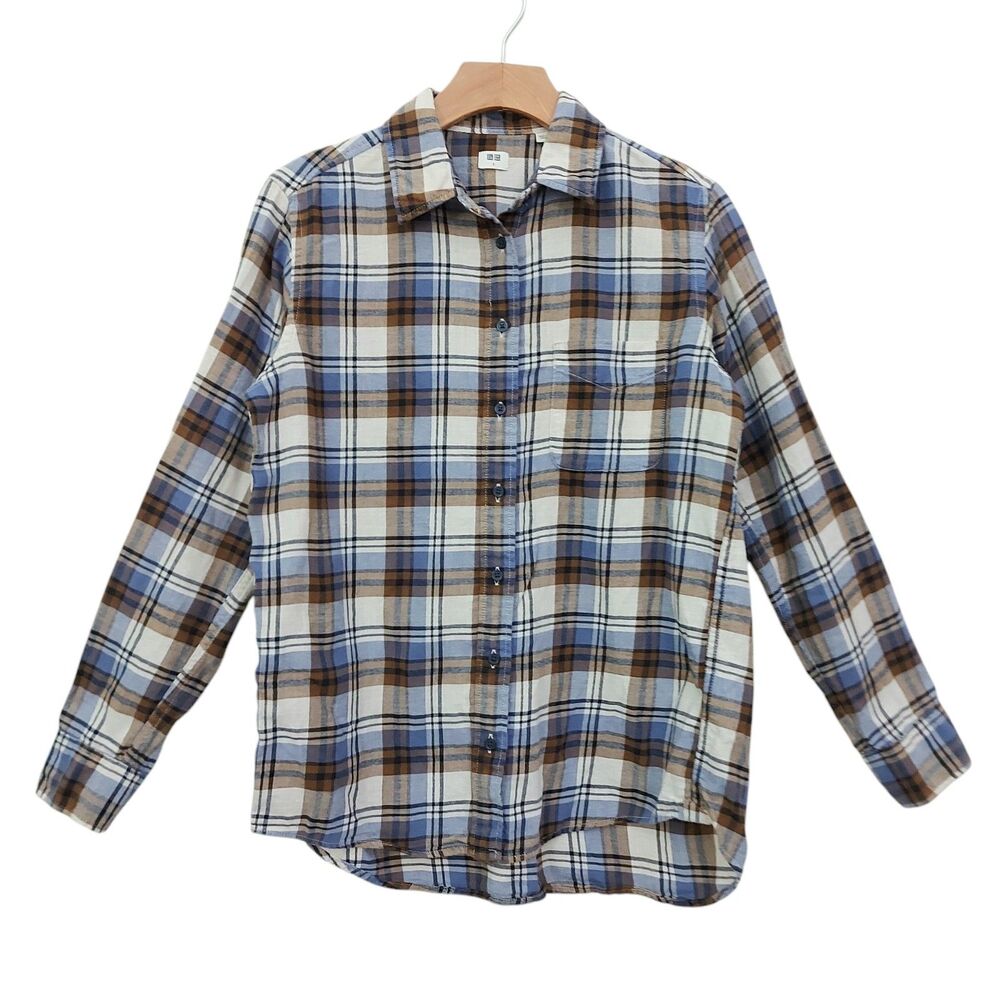 Uniqlo Flannel Shirt Womens Small Beige Plaid Button Up Long Sleeve Cotton Soft